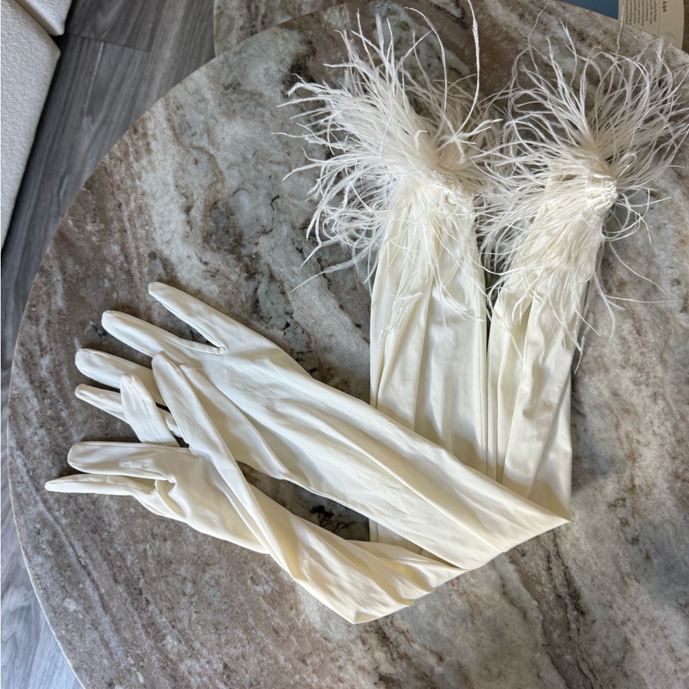 Elegant opera length ivory Cream Feathered beaded Gloves